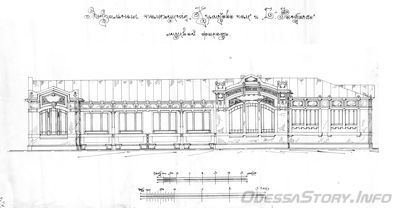 Павильон-вокзальное помещение. Проект А. Б. Минкуса, Л. Б. Белкина. План павильона утверждён постановлением Городской управы № 1291 от 24.11.1912. Чертёж из музея ОГЭТ
добавлено Trs - http://transphoto.ru/photo/509556/
